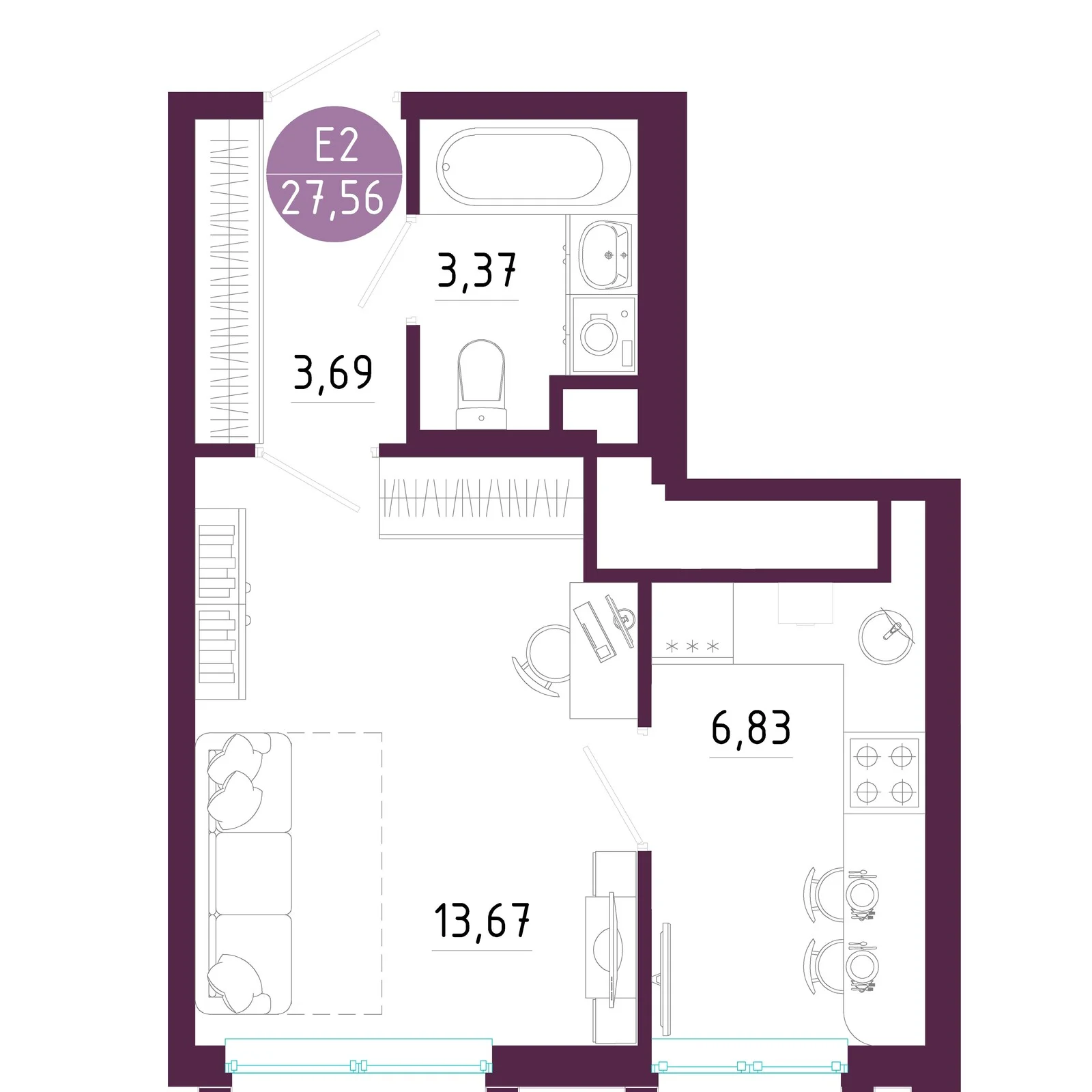 Планировка Квартира с одной спальней и гостиной 7 м² (Евро-2)